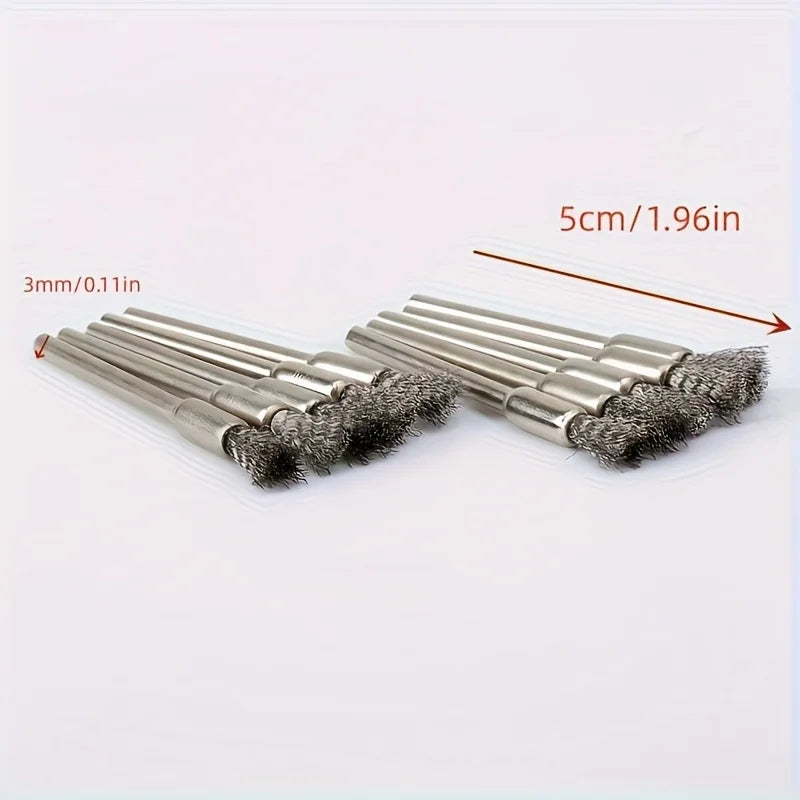 10-Piece stainless steel wire brush, 3mm round handle, uncharged cleaning, deburring and polishing brush for precision work Qme