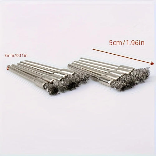 10-Piece stainless steel wire brush, 3mm round handle, uncharged cleaning, deburring and polishing brush for precision work Qme