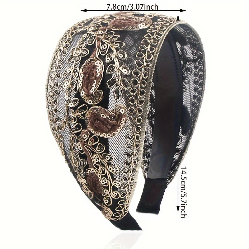 Boho Paisley Embroidered Headband For Women, Non-slip Sequin Lace Hair Band For Daily & Party Qme