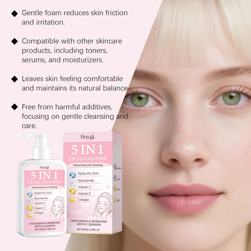 5 in 1 Moisturizing Facial Cleanser Refreshed Cleansing Makeup Remover Brightening Hydrating Light Texture Rich Foam Cleanser Qme