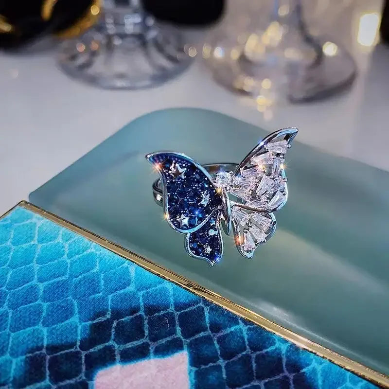 Exquisite Luxury Shiny 3D Exaggerated Two Color Butterfly Open Ring Crystal Geometric Zircon Rings Women Anniversary Jewelry Qme