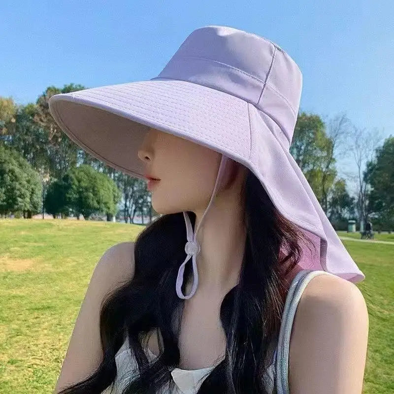 Solid Wide Brim Sun Hat Korean Neck Cover Protection Adjustable Women Qme 2 Purple One Size