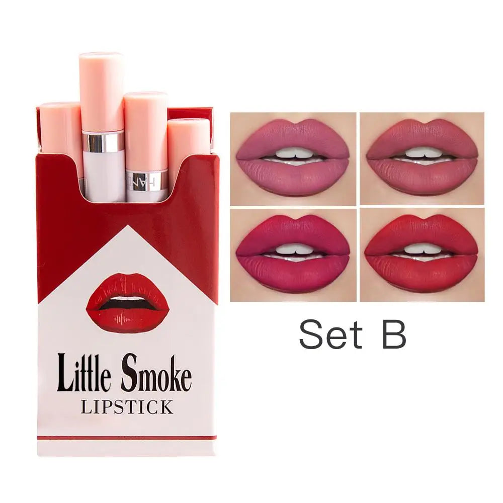 HANDAIYAN Set Of 4 Matte Lipstick Kit Cigarette Smoke Tube Lip Gloss Long Lasting Waterproof Nude Red Lip 24 Hour Lip Tint Stain Qme B 05-08 CN