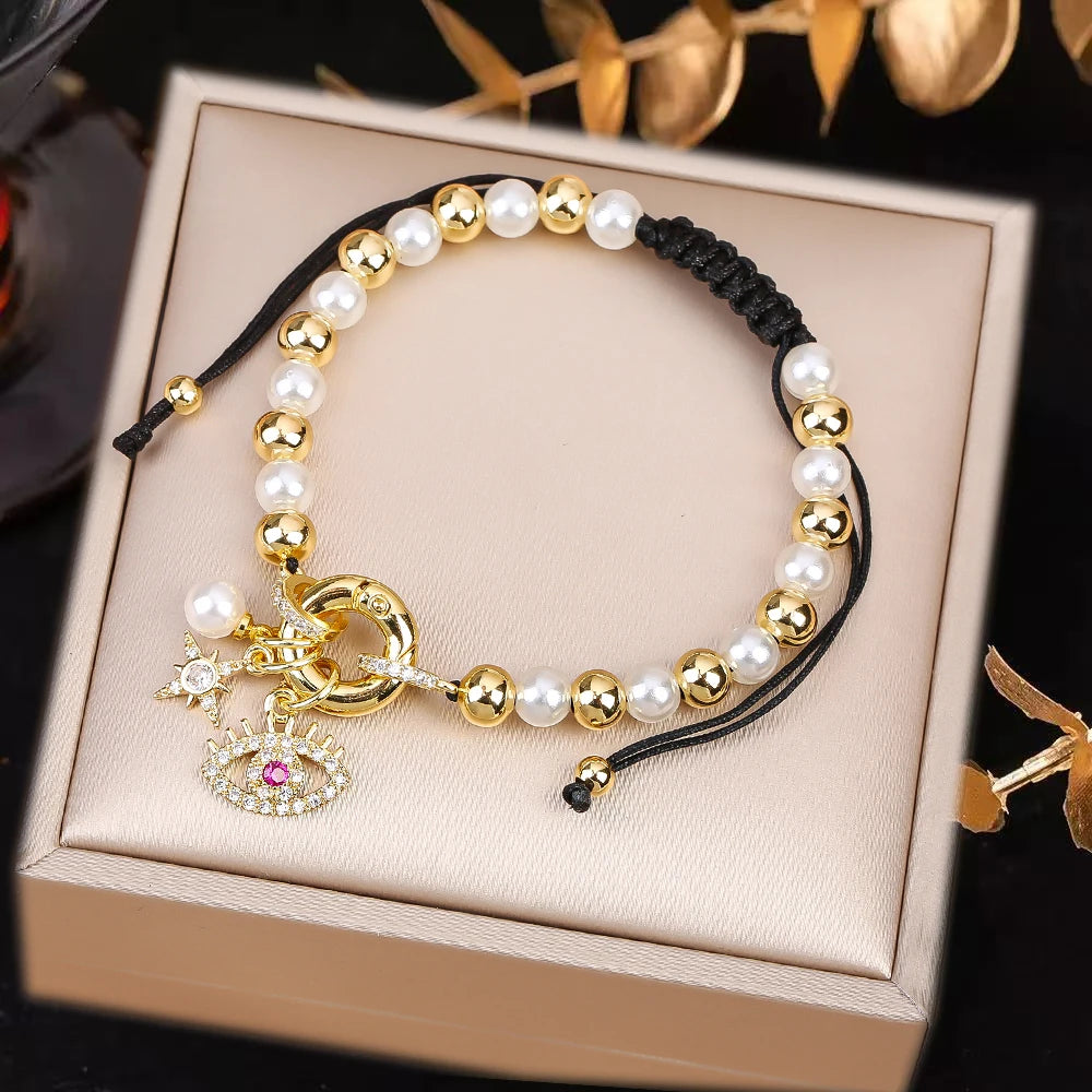 Black Rope Braided Pearl Evil Eye Copper Bead Chain Bracelet Personalized For Man Woman Birthday Holiday Jewelry Prayer Gift Qme C