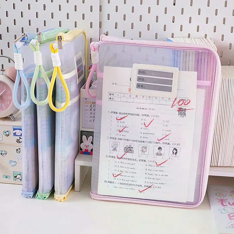 A4 Stationery Storage Bag Double-layer Mesh Zipper Large Capacity Qme