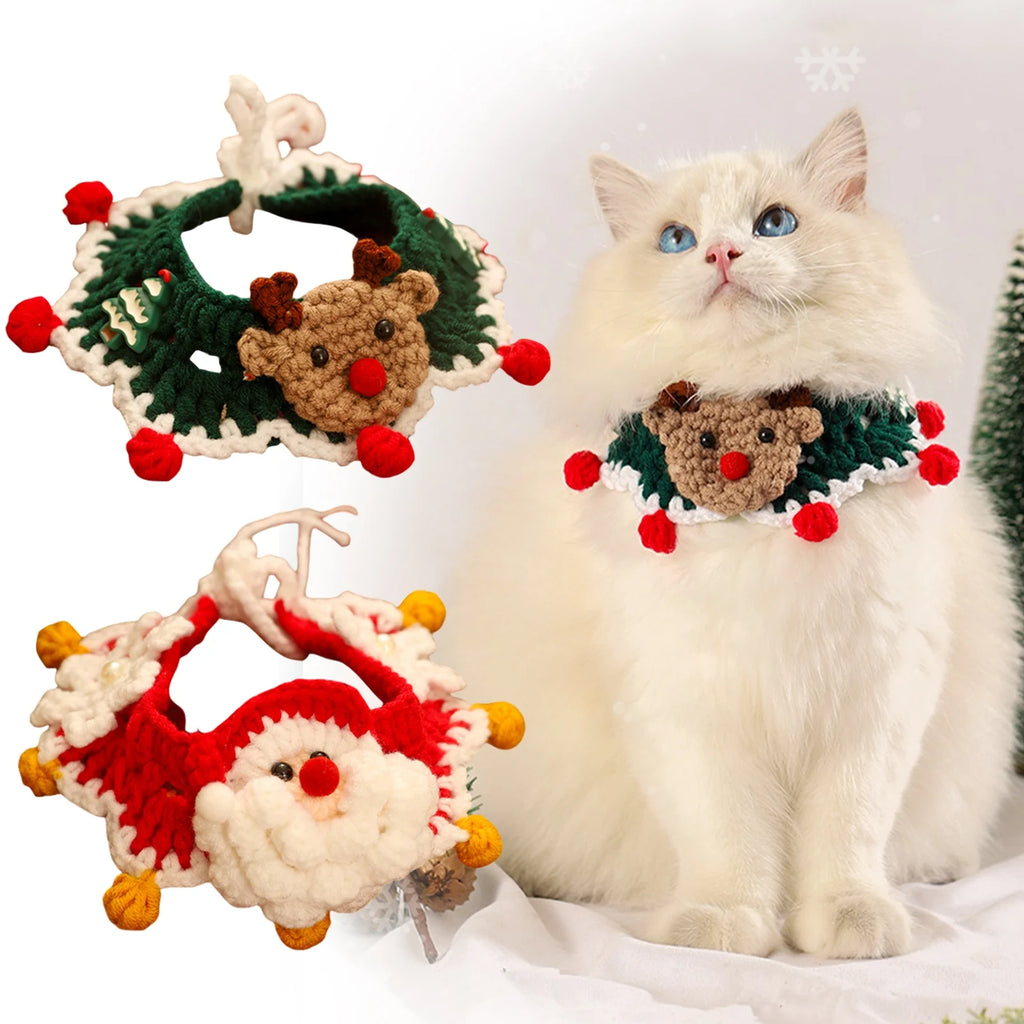 New Year Christmas Pet Adjustable Knitting Collars Hand-Woven Crochet Bib Kittening Necklace Scarf Dress Up Accessories Qme