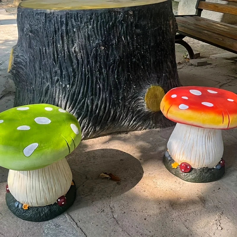 Mushroom House Statue Outdoor Statues Garden Resin Stool Sculpture Fairy Decor for Home Courtyard Lawn Patio Summer Ornament Qme