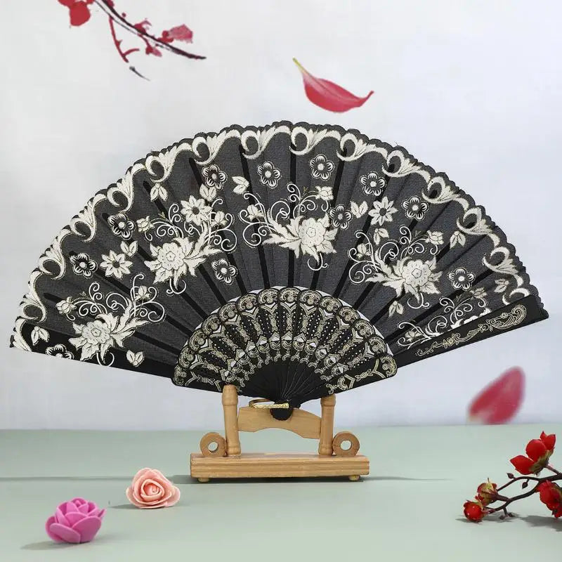 Gold Powder Plastic Fan Art Craft Home Decor Vintage Folding Chinese Qme