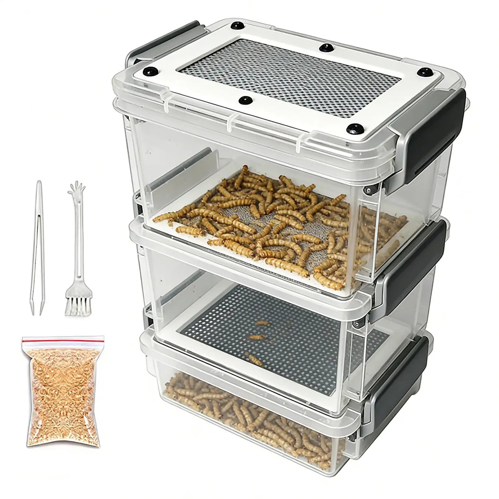 Mealworm Breeding Kit 3-Layer Silkworm Feeder Bin Corn Worm Breeder Box for Pet Parents Animal Lovers Keepers Breeders Hobbyists Qme
