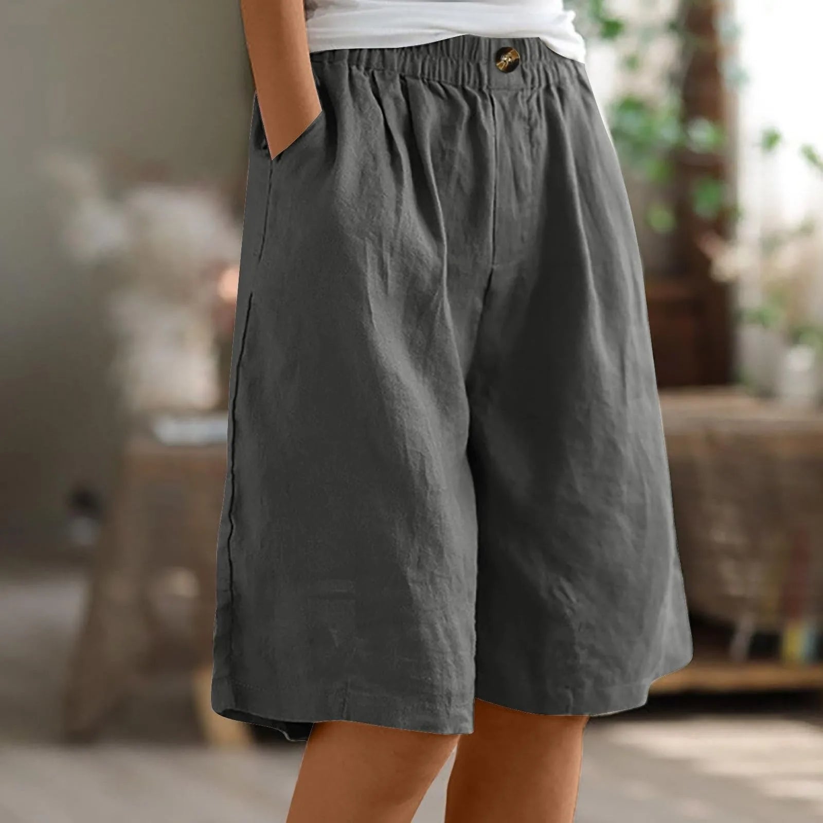 Female Fashion Solid Color Elastic High Waist Pocket Button Up Loose Cotton Linen Five Length Shorts Summer Soft Comfort Pants Qme Dark Gray S