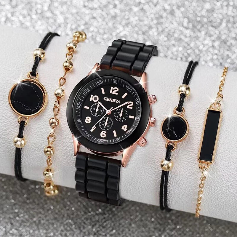 Geneva Three-eyed Timer Ladies' Watch Black Silicone Band Light Qme 14