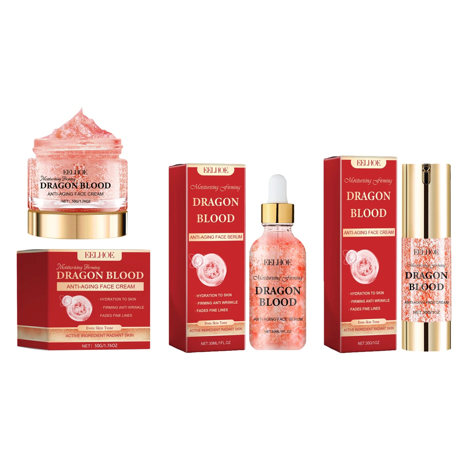Dragon's Blood Skincare Set Anti-Aging Face Serum & Creams Reduce Wrinkles Firming Smoothing Hydrating Brightening Face SkinCare Qme 3 IN 1