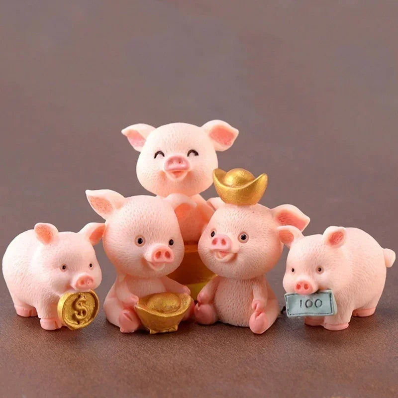5 PCS Micro Pig Family Figurine Resin Ornaments Miniature Model Mini Animal Statue Bonsai Decoration Garden Home Decor Qme
