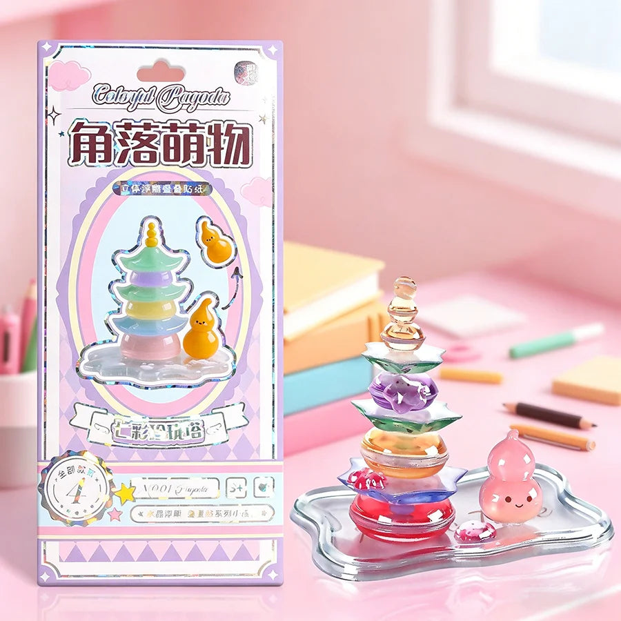 3D Embossed Stickers-3D Handmade DIY Layered Solid Relief Stickers New Cute Desktop & Windowsill Ornament Children's Day Gifts Qme Colorful Pagoda