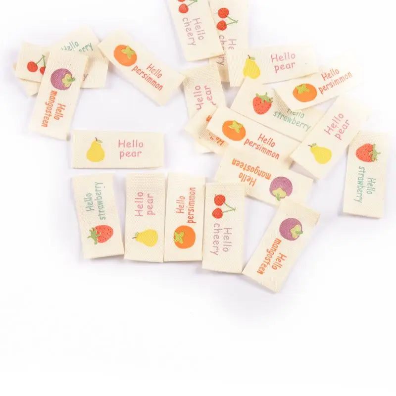 50pcs 16×38mm Mixed Fruit Pattern cotton Labels Personalized Sewing Handmade Clothing Labels Shoes Bags hat Tag cp3808 Qme