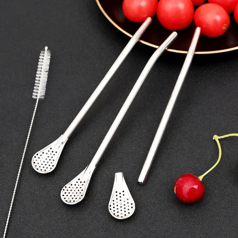Stainless Steel Drinking Straw Spoon Tea Filter Detachable Reusable Metal Straws with Brush Drinkware Bar Party Tool Accessories Qme