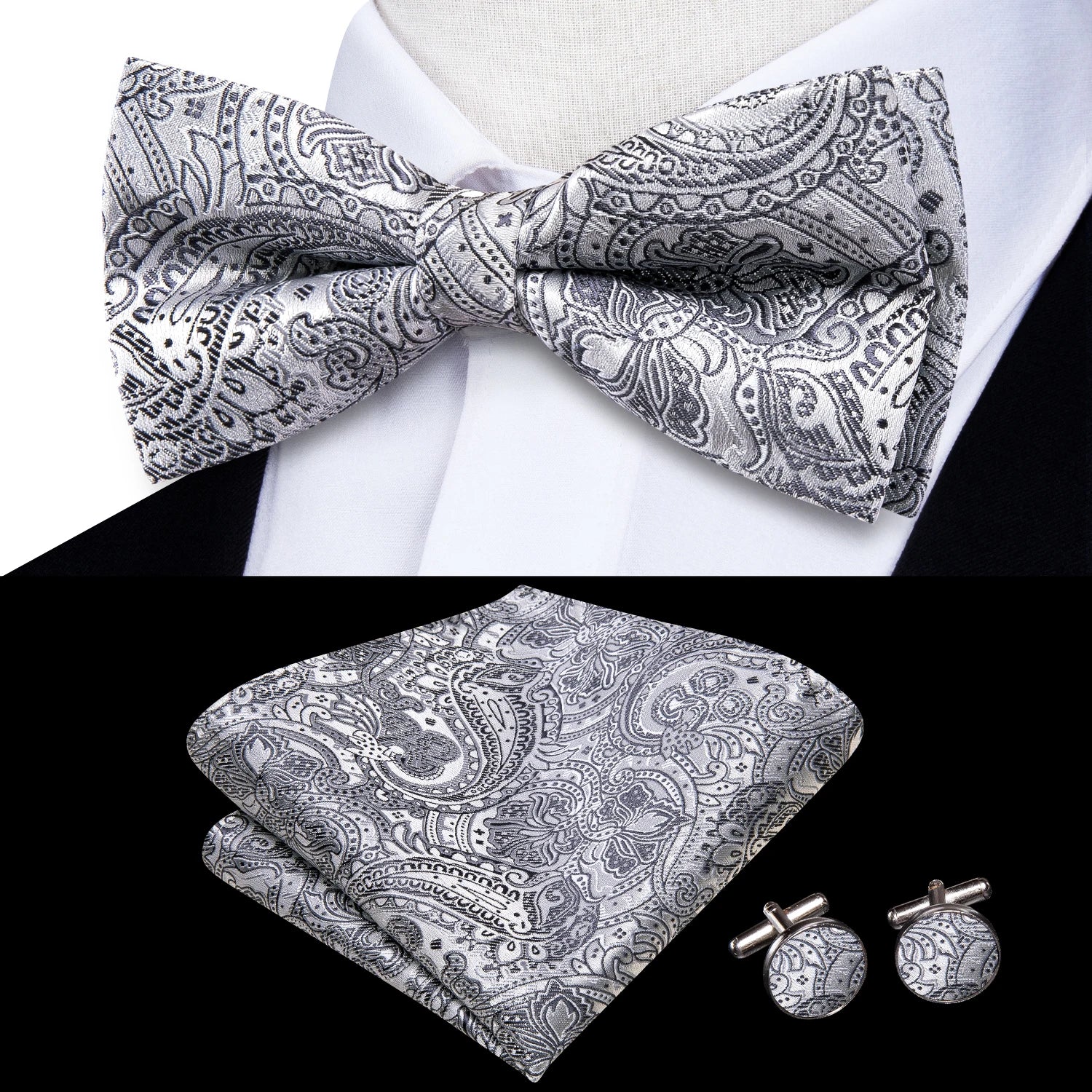 Hi-tie Pink Dot Silk Mens Pre-tied Bow Tie Hanky Cufflink Dusty