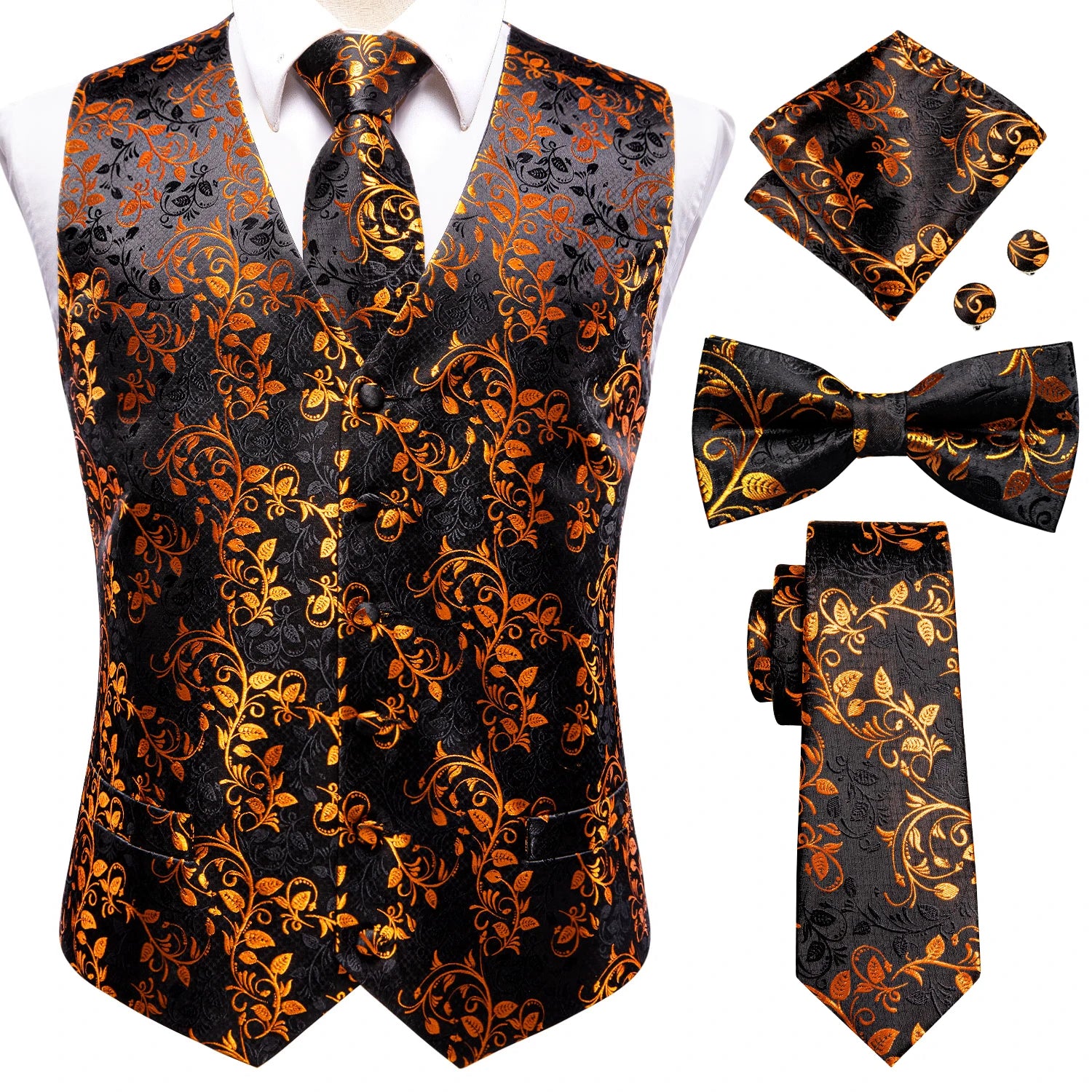 Luxury Gold Mens Suit Vest Red Blue Green Yellow Waistcoat Tie Bowtie Qme