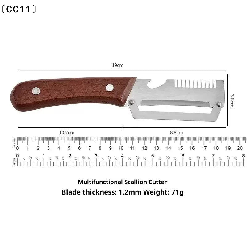 Multifunctional Stainless Steel Peeler Wooden Handle 3-in-1 Scallion Qme