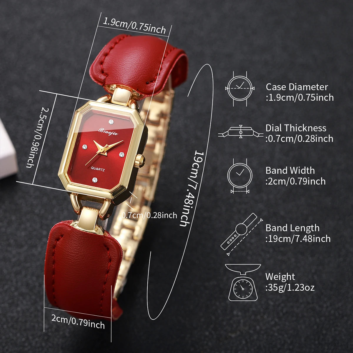 Women Small Rectangle Dial Quartz Wrist Watch Red Leather Strap Rhinestone Index Elegant Casual Ladies Dress Wristwatch Gift Qme