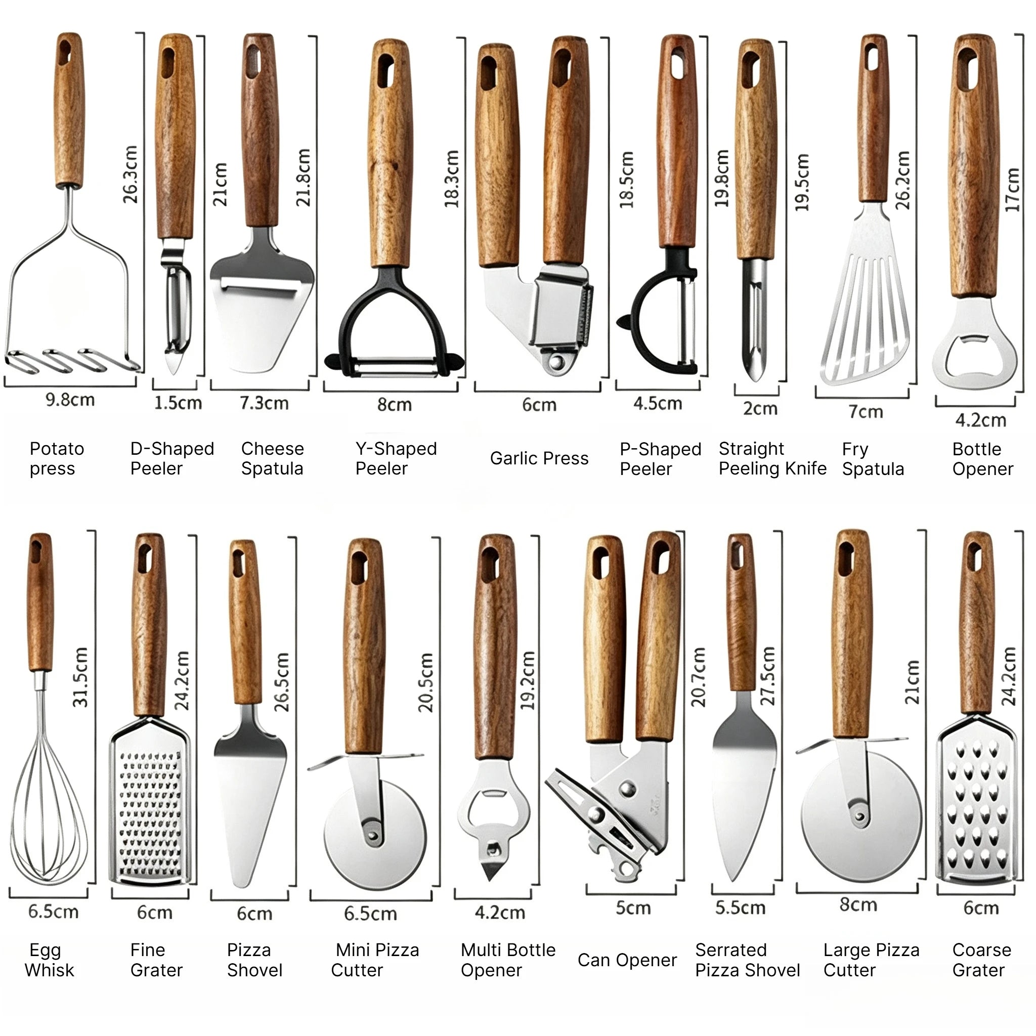 A Multifunctional Kitchen Gadgets Acacia Wood Stainless Steel Peeler Can Opener Egg Beater Pizza Cutter Cheese Spatula Set Qme