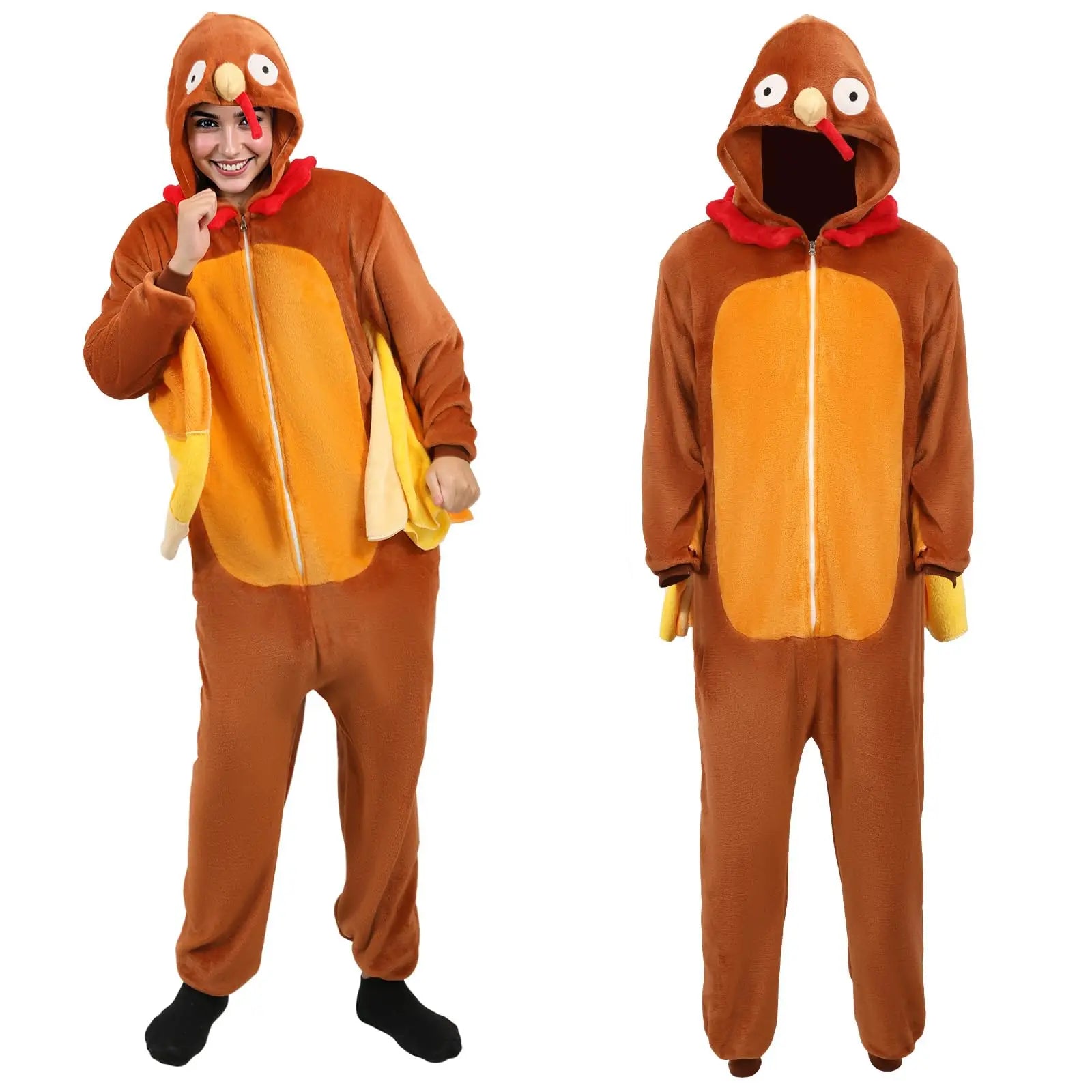 Adult Turkey Onesie Costume Turkey Pajamas Outfit Funny Animal Suit for Women Men Thanksgiving Halloween Cosplay Qme Orange M