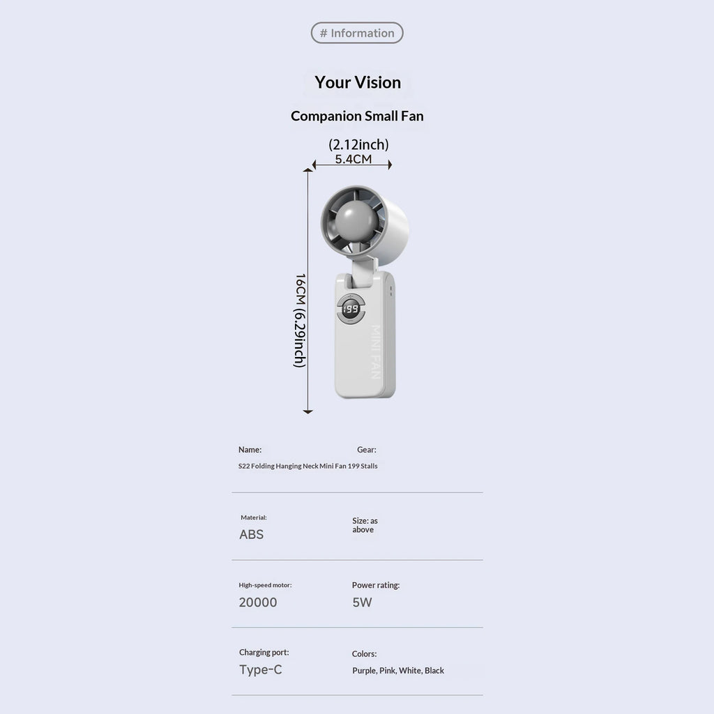 Portable Electric Fan Type-C Charging Rechargeable Hanging Turbo Fans Adjustable Powerful Air Blower for Outdoor Travel Commute Qme