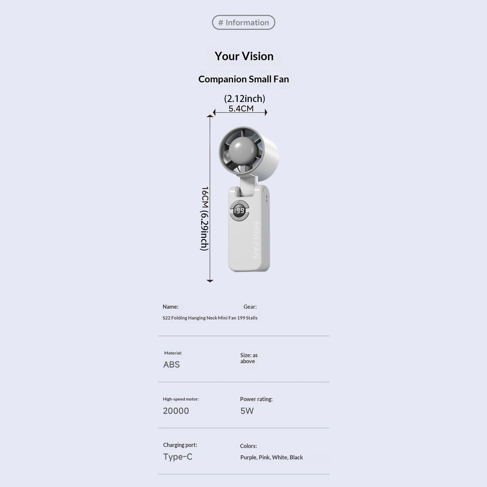 Portable Electric Fan Type-C Charging Rechargeable Hanging Turbo Fans Adjustable Powerful Air Blower for Outdoor Travel Commute Qme
