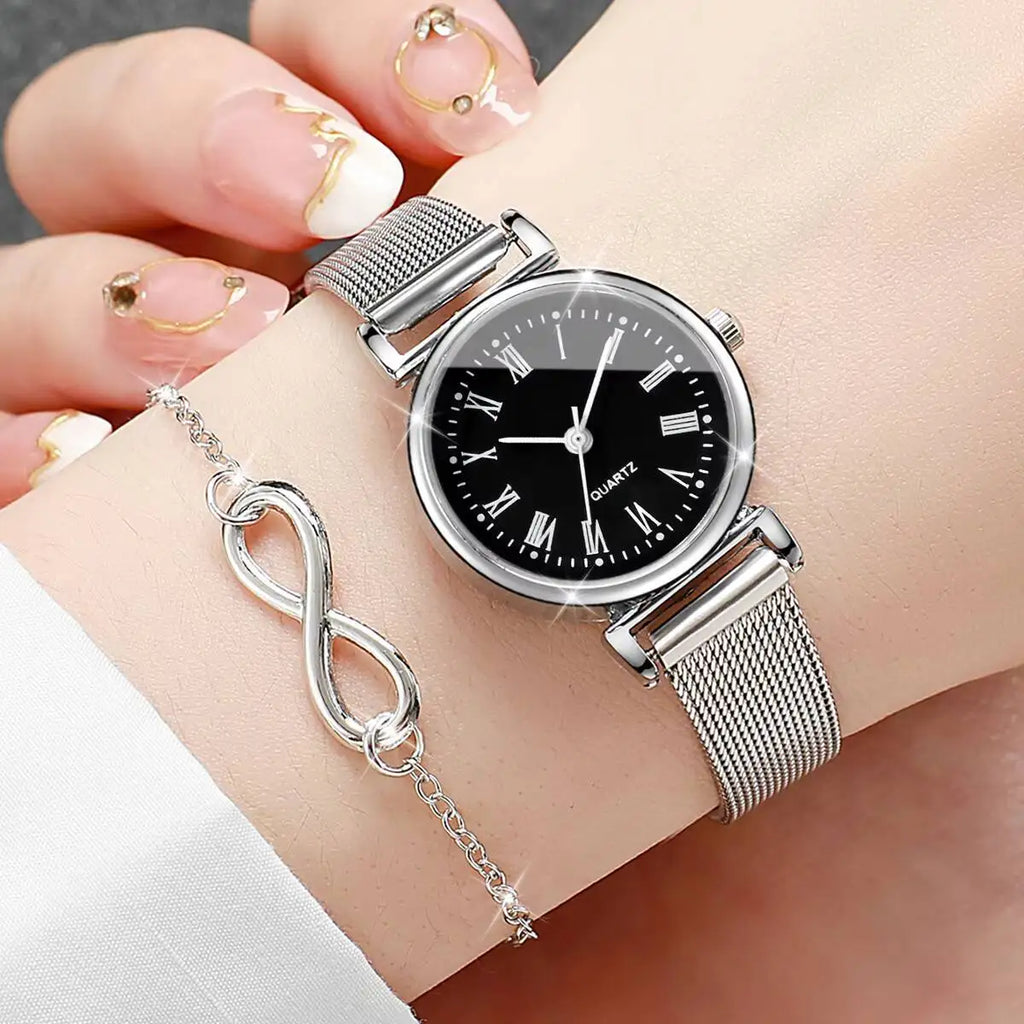 3PCS Fashion Roma Dial Women Watches Silver Mesh Band Quartz Wristwatches Jewelry Set Qme