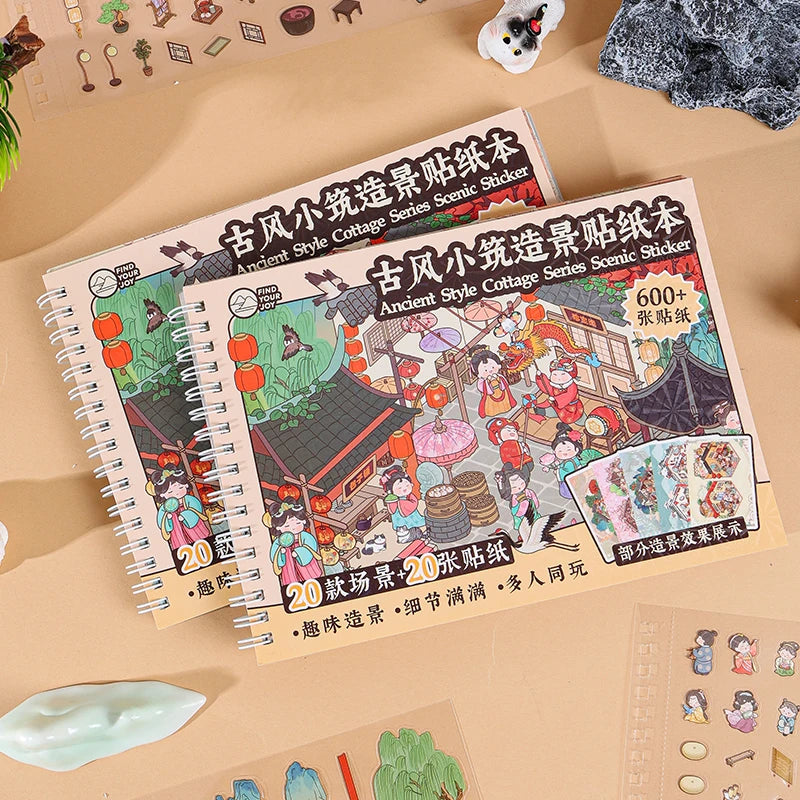 40Pcs Scenes Cartoon Landscape Sticker Book Ancient style building DIY 3D Sticker Cabin Scene Pocket Birthday Gift For Planner Qme 2A