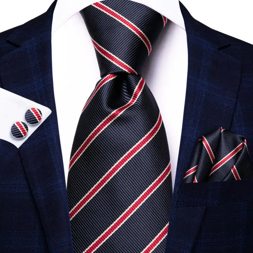 Hi-tie Men Fashion Striped Blue Necktie Handkerchief Cufflinks Tuxedo Qme 3868