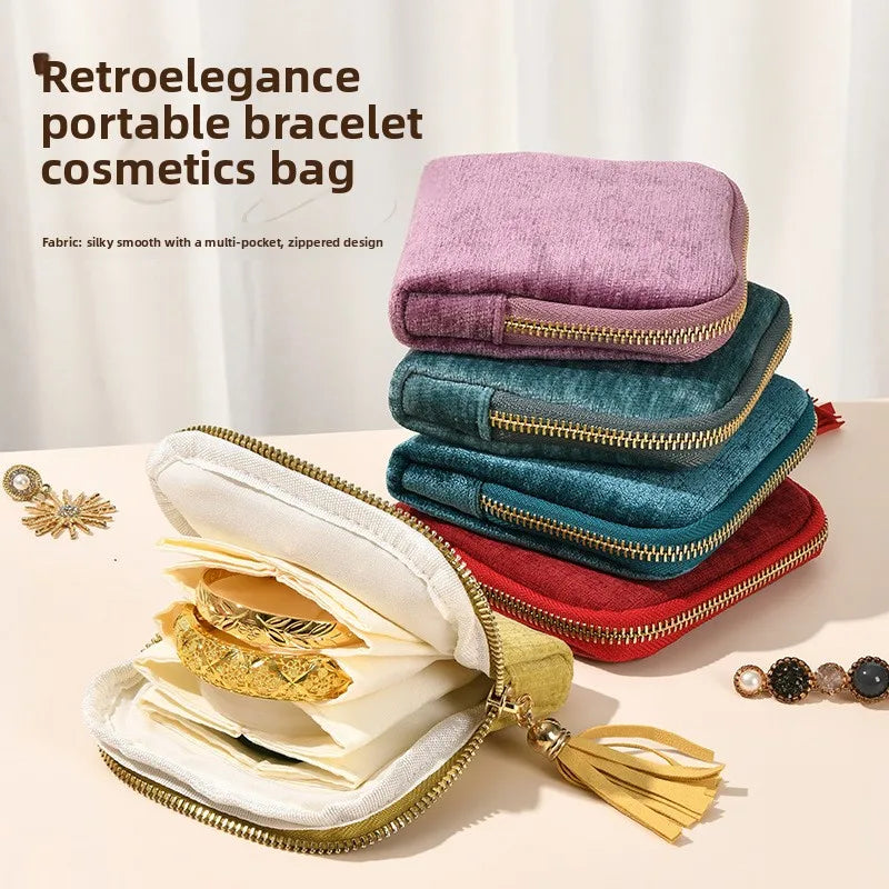 Tassel Jewelry Organizer Bag Portable Travel Case with Metal Zipper for Bracelets Jade Bangles Necklaces Rings Storage Pouch Qme