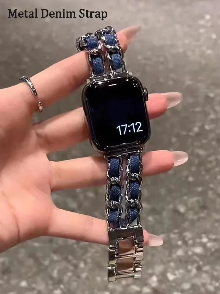 Luxury Metal Denim Strap For Apple Watch Band Ultra 2 1 49mm 41 45mm 38 42mm 44 40mm Bracelet For iWatch 9 8 7 SE 6 5 4 3 Women Qme