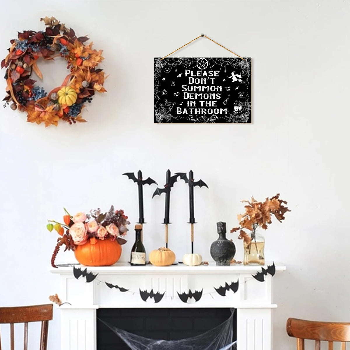 Halloween wooden wall sign, "Please Don't Summon Demons in the Bathroom" spider web witch decoration, fun Halloween decoration Qme