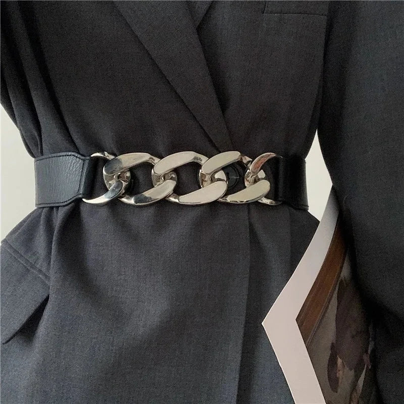 Elastic Wide Metal Chain Buckle Belt Lady Girls PU Leather Rivet Qme