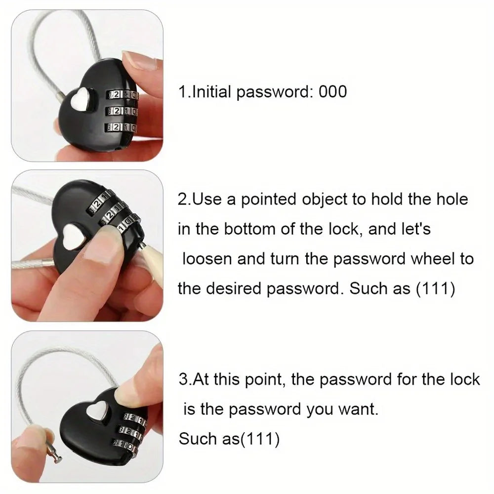 Heart Shaped 3 Digit Combination Lock, Steel Wire Rope Padlock Love Promise Lock For Luggage Backpack Jewelry Box Wedding Couple Qme