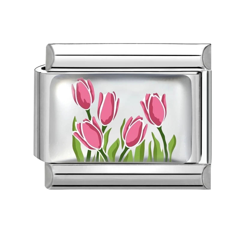 Colorful Brilliant Flowers Sunflower Lotus Tulip Charm Italian Link Fit 9mm Stainless Steel Bangles DIY Making Jewelry Bracelets Qme Style 3
