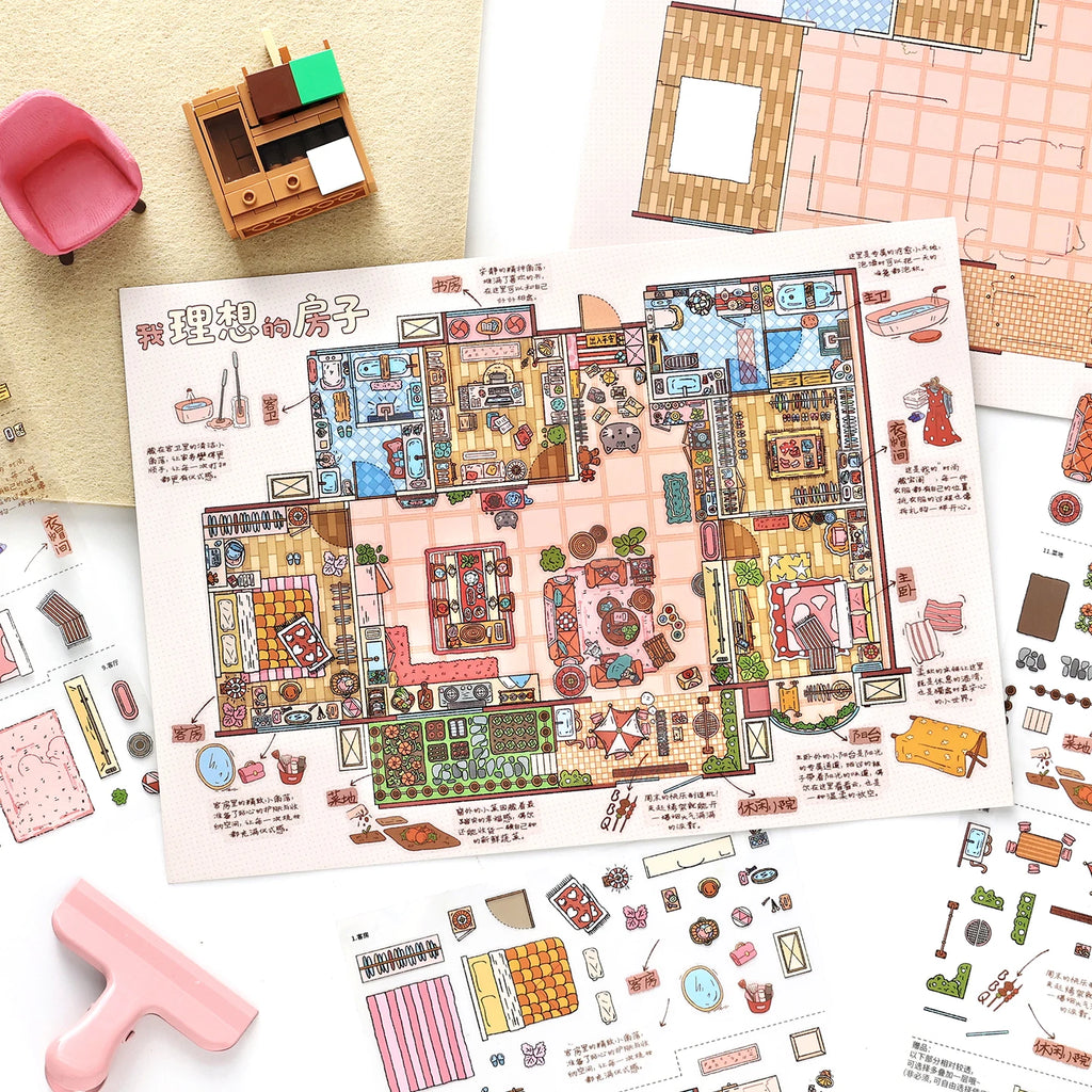 TIANZI Creative Cartoon 3D Landscape Sticker PET DIY Cabin Scene Sticker Miniature House Sticker Cabin Scene Stationery stickers Qme