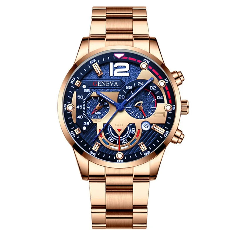 GENEVA Men's Creative Six-Pin Watch Alloy Steel Band Quartz Watch Men Watch New Luxury Men's Quartz WristWatch Qme 2-RoseGold-Blue