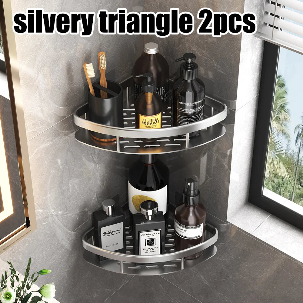 High Quality Wall Mounted Rectangular Rack Bathroom Storage Rack Towel Rack Wall Shower Shampoo Rack Drill Free Rack Tripod Qme Silver-A-2PCS
