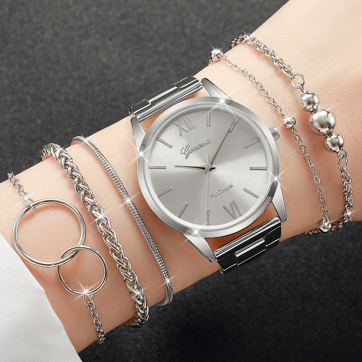 6 Pçs/set Moda Roma Dial Mulheres Relógio de Quartzo Banda de Liga de Prata Feminino Relógios de Pulso Pulseiras Conjunto Qme
