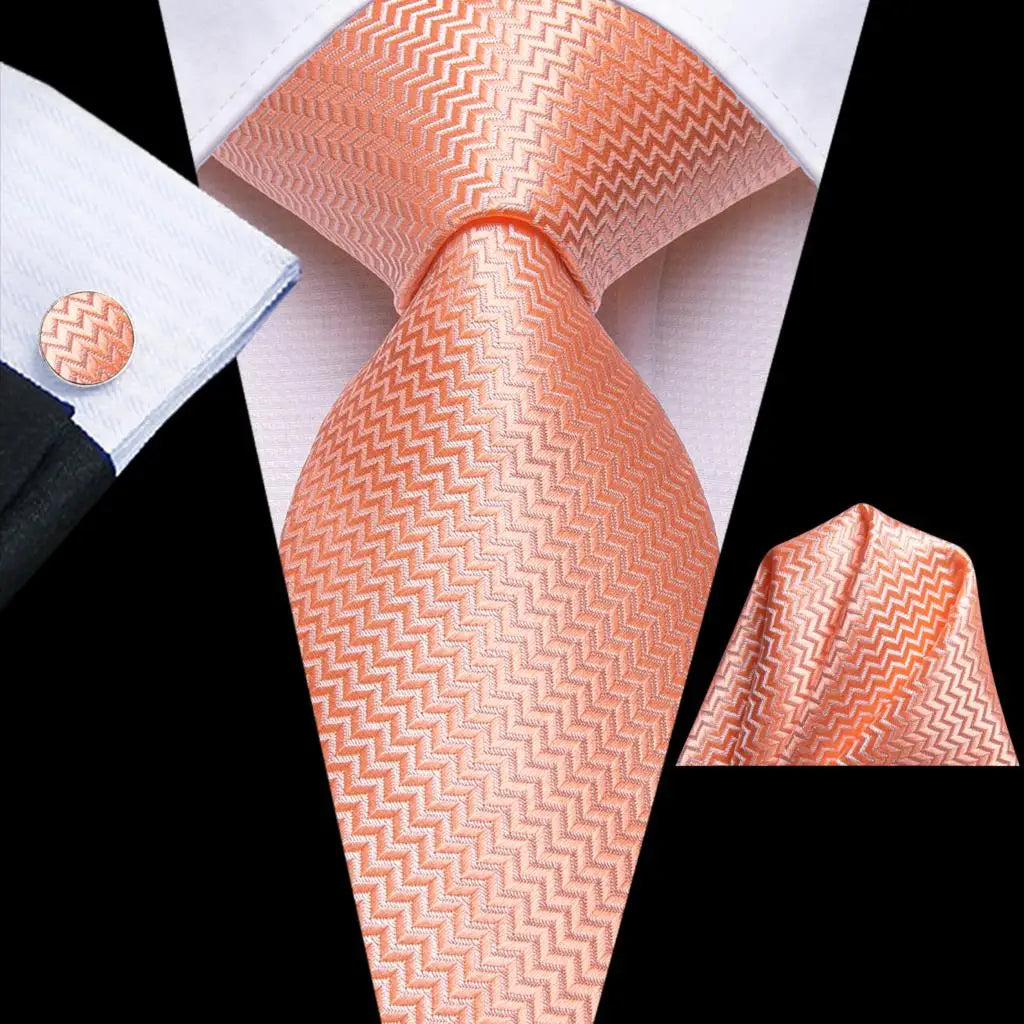Hi-tie Solid Green Orange Mens Fashion Necktie Handkerchief Cufflinks