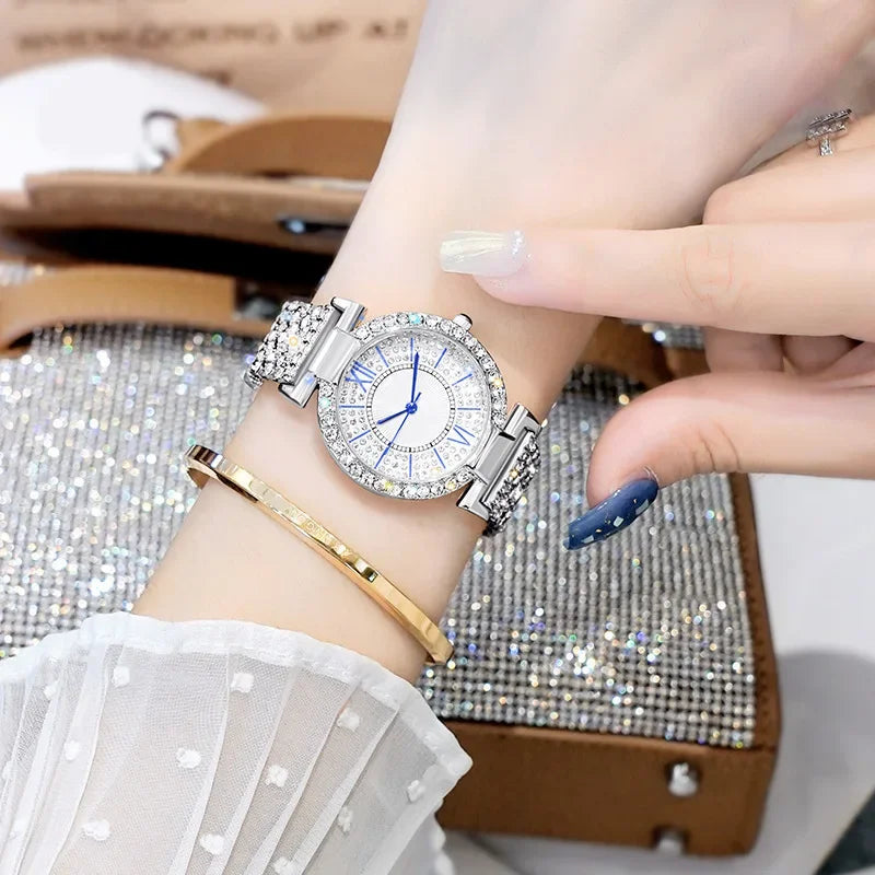 Ladies' Quartz Full Diamond Roman Watch Fashion Starry Sky Round Bracelet Watch High Beauty Women's Watch Qme