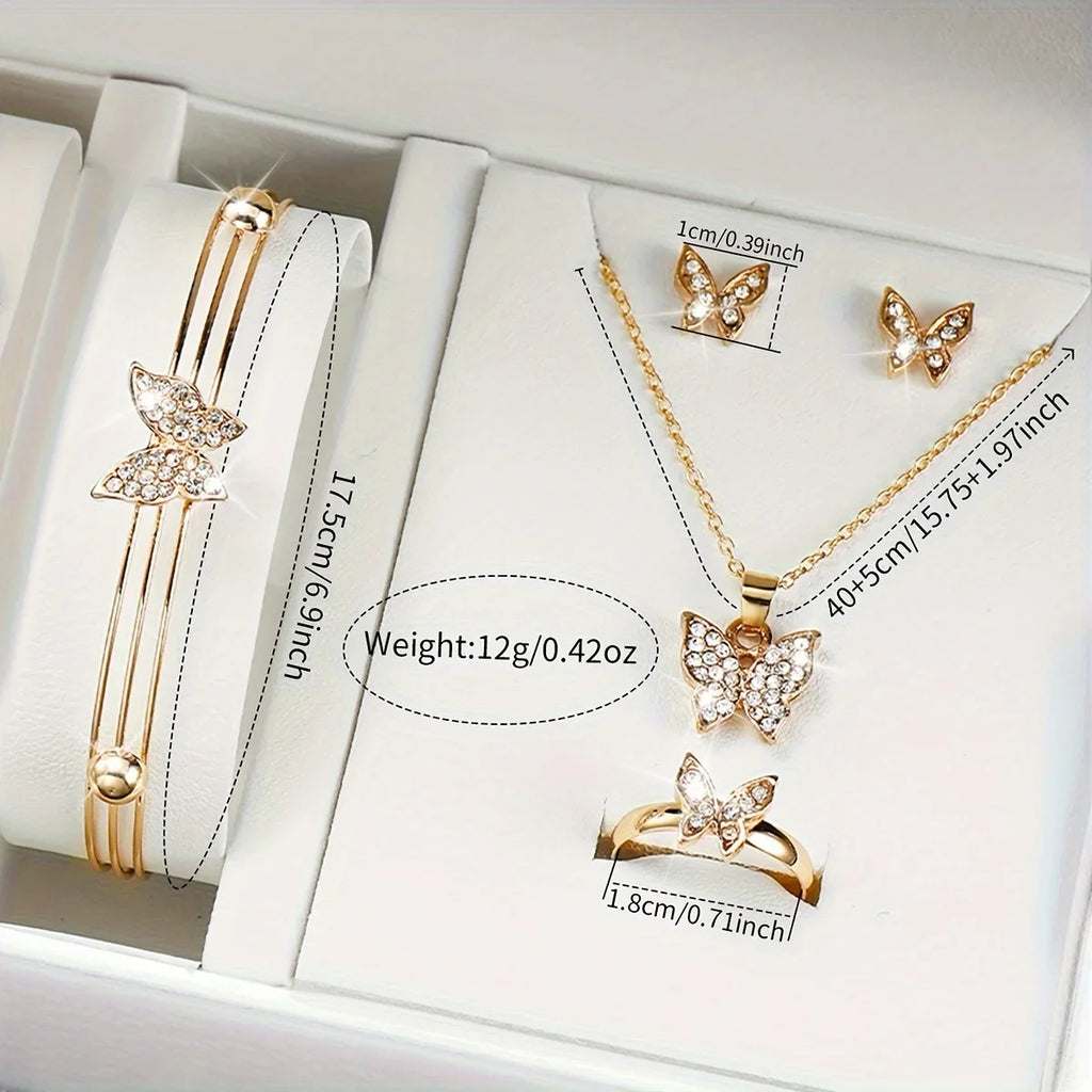 6 Pçs/set Moda Coração Relógio Feminino Banda de Plástico Analógico Relógios de Quartzo Dourado Conjunto de Jóias Borboleta Qme