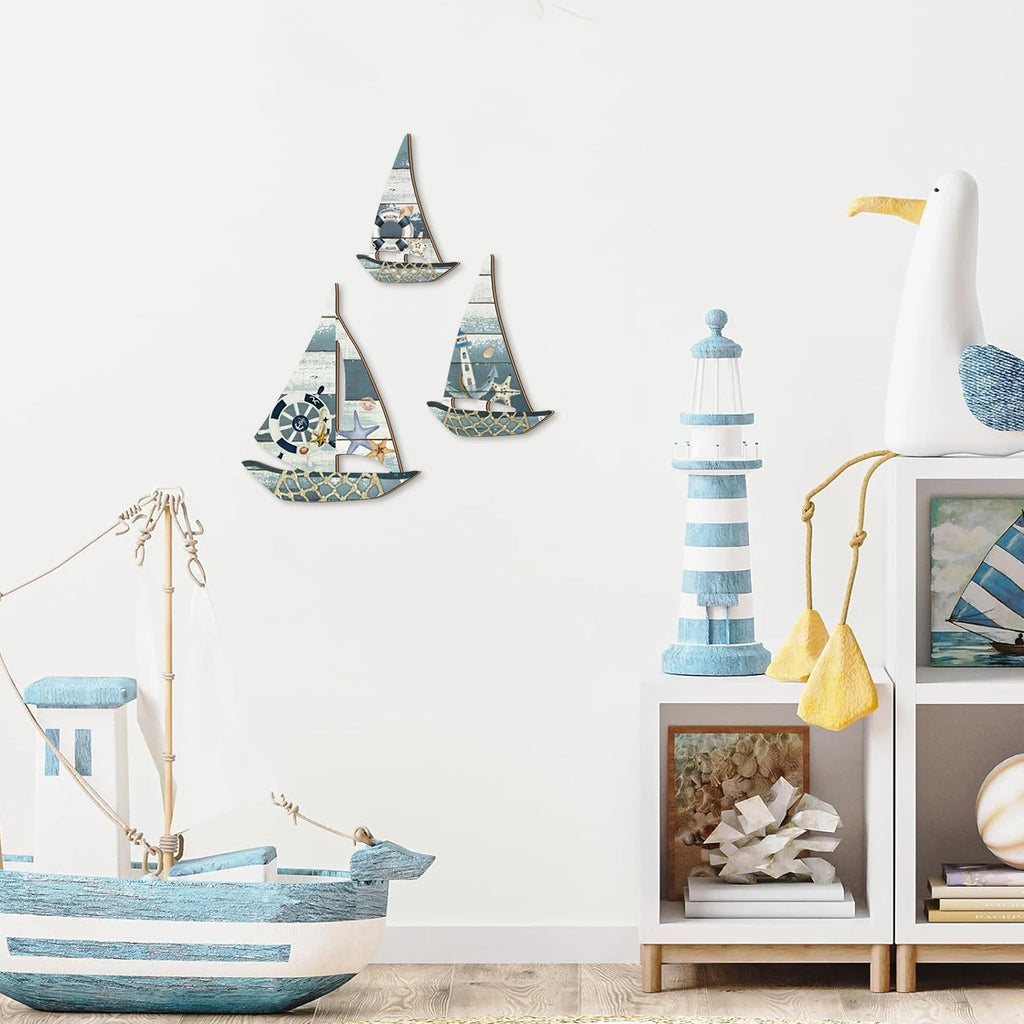 1 set of 2D retro lifebuoy pattern sailboat wooden wall decoration, Mediterranean ocean style farmhouse wall decoration Qme