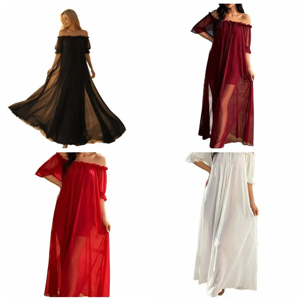 Home Dress Off Shoulder Sheer Nightgown V-neck Ruffle Mesh Nightdress Qme