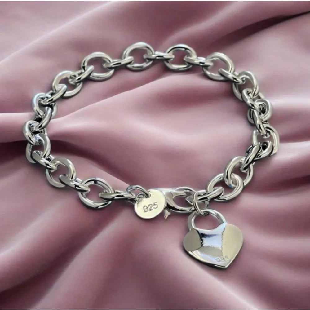 Hot Y2k Style 925 Sterling Silver Lucky Heart Lock Bracelets for Women Wedding Accessories Holiday Gift Party Fashion Jewelry Qme