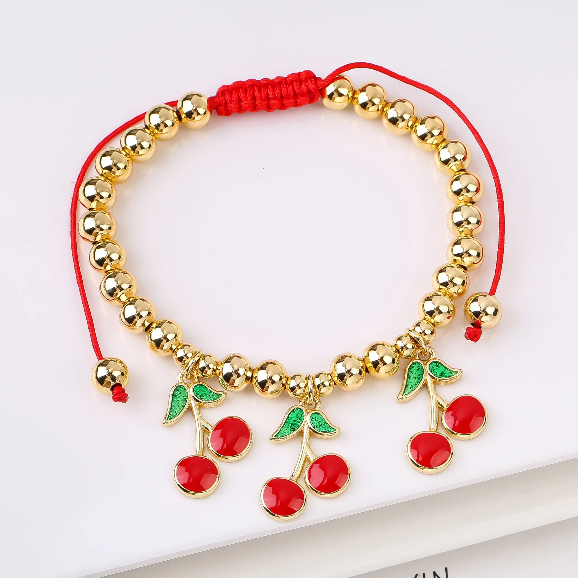 Gold-Plated Copper Bead Chain Braid Crystal Red Cherry Bracelet for Woman Female Daily Party Wrist Jewelry Friendship Gift Qme 26