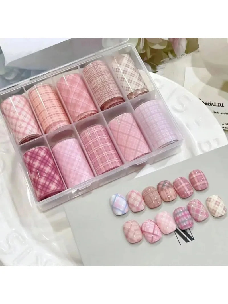 10pcs Nail Art Foil Transfer Paper Pink Grid Pattern Nail Stamping Stickers Sweety Cowboy Style Manicure Decals for DIY Nail Qme Pink Plaid-10PCS
