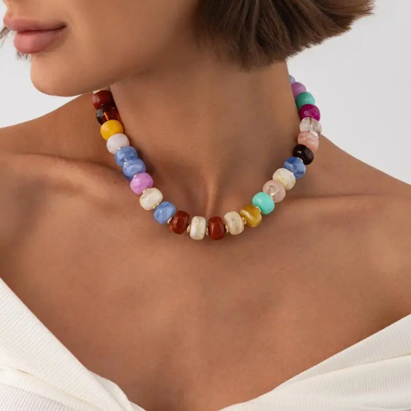 Y2K Colorful Smudging Resin Beads Chain Necklace For Women Trend Collares Vintage Clavicle Chain Party Jewelry Qme A15